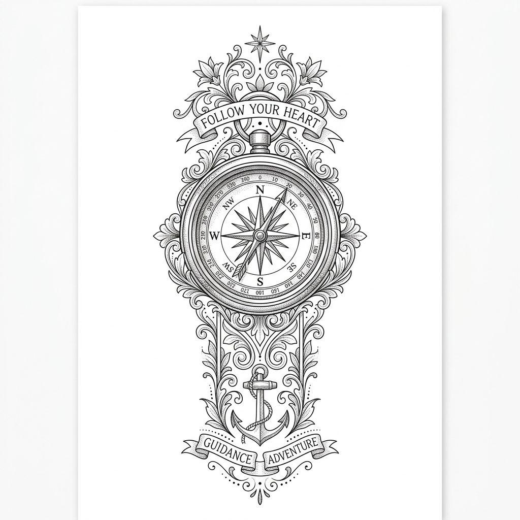 idée tatouage avant-bras boussole fine line, design sur fond blanc
