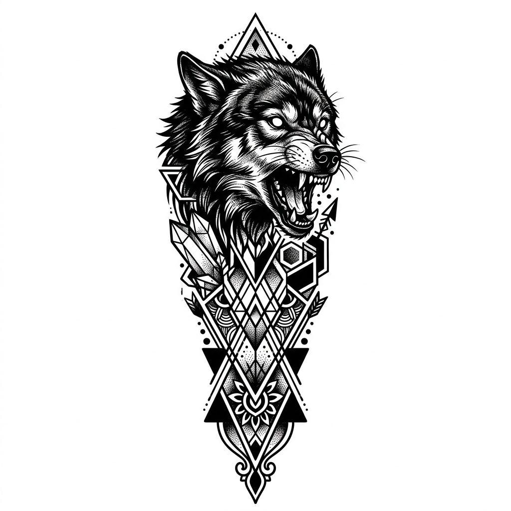 idée tatouage avant-bras loup blackwork vertical, design sur fond blanc