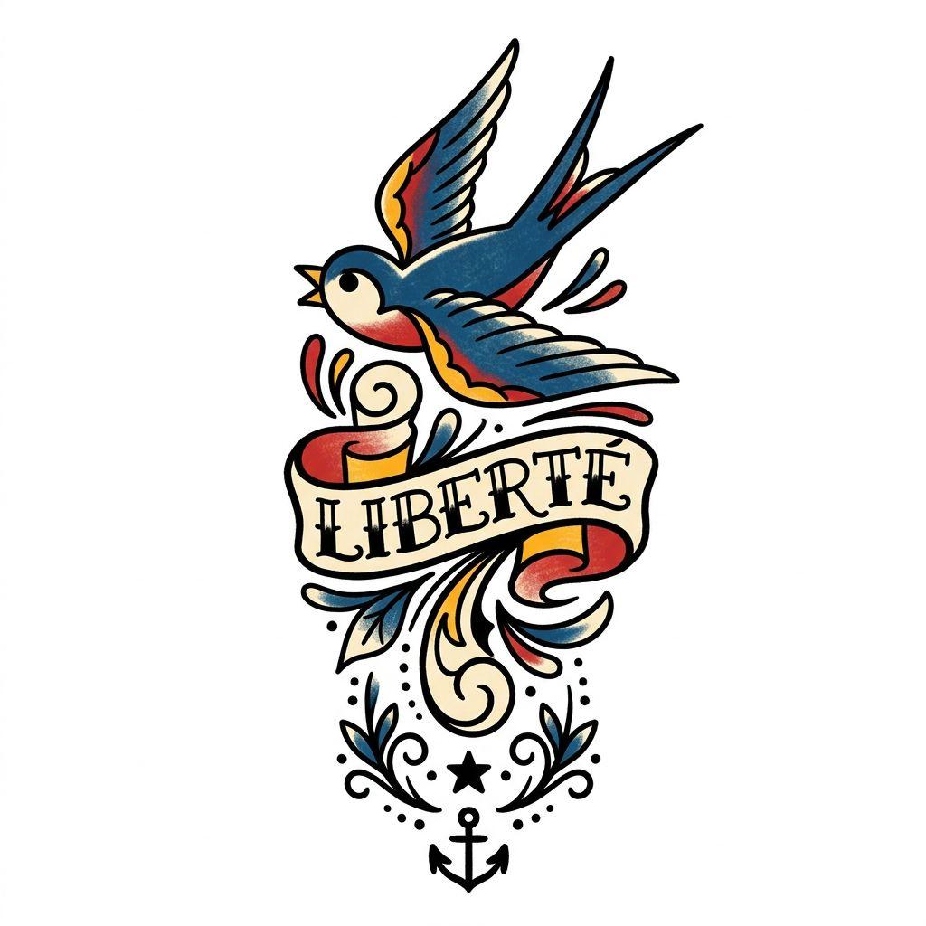 idée tatouage avant-bras hirondelle old school verticale, design sur fond blanc