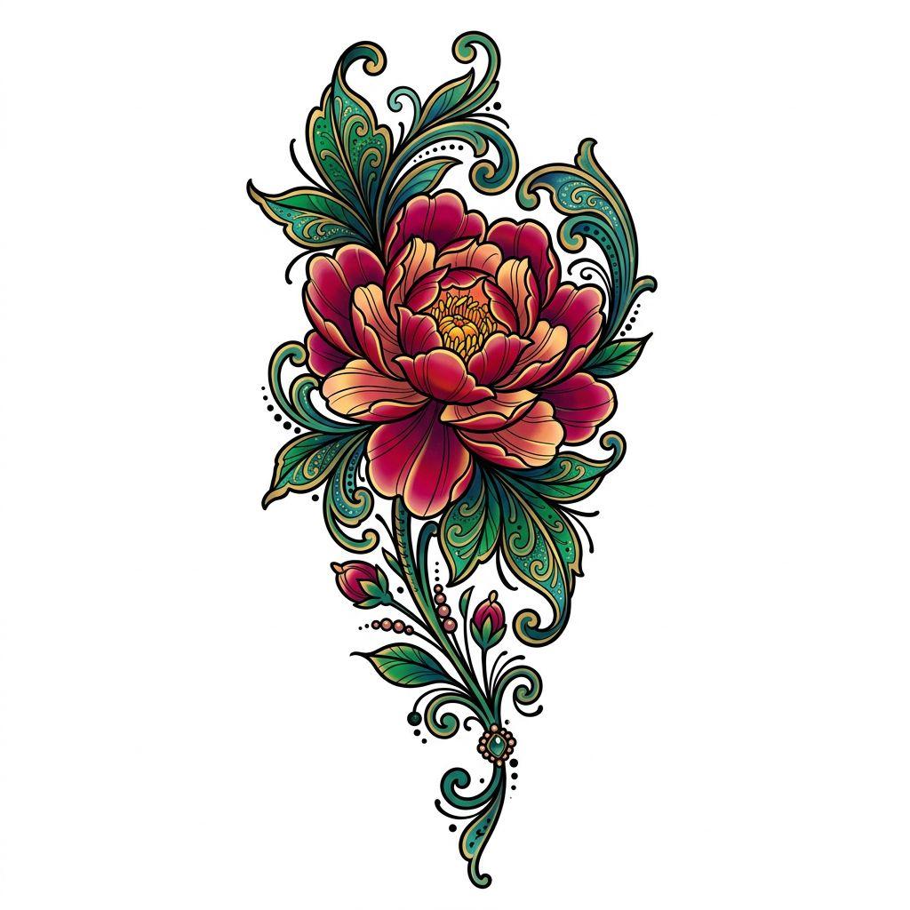 idée tatouage avant-bras pivoine néo-traditionnelle, design sur fond blanc