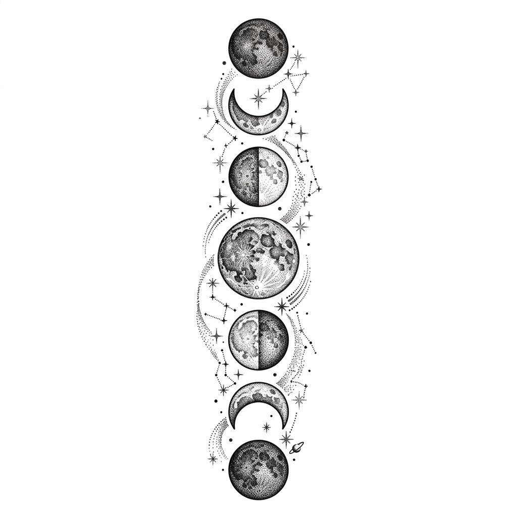 idée tatouage avant-bras phases lunaires dotwork, design sur fond blanc