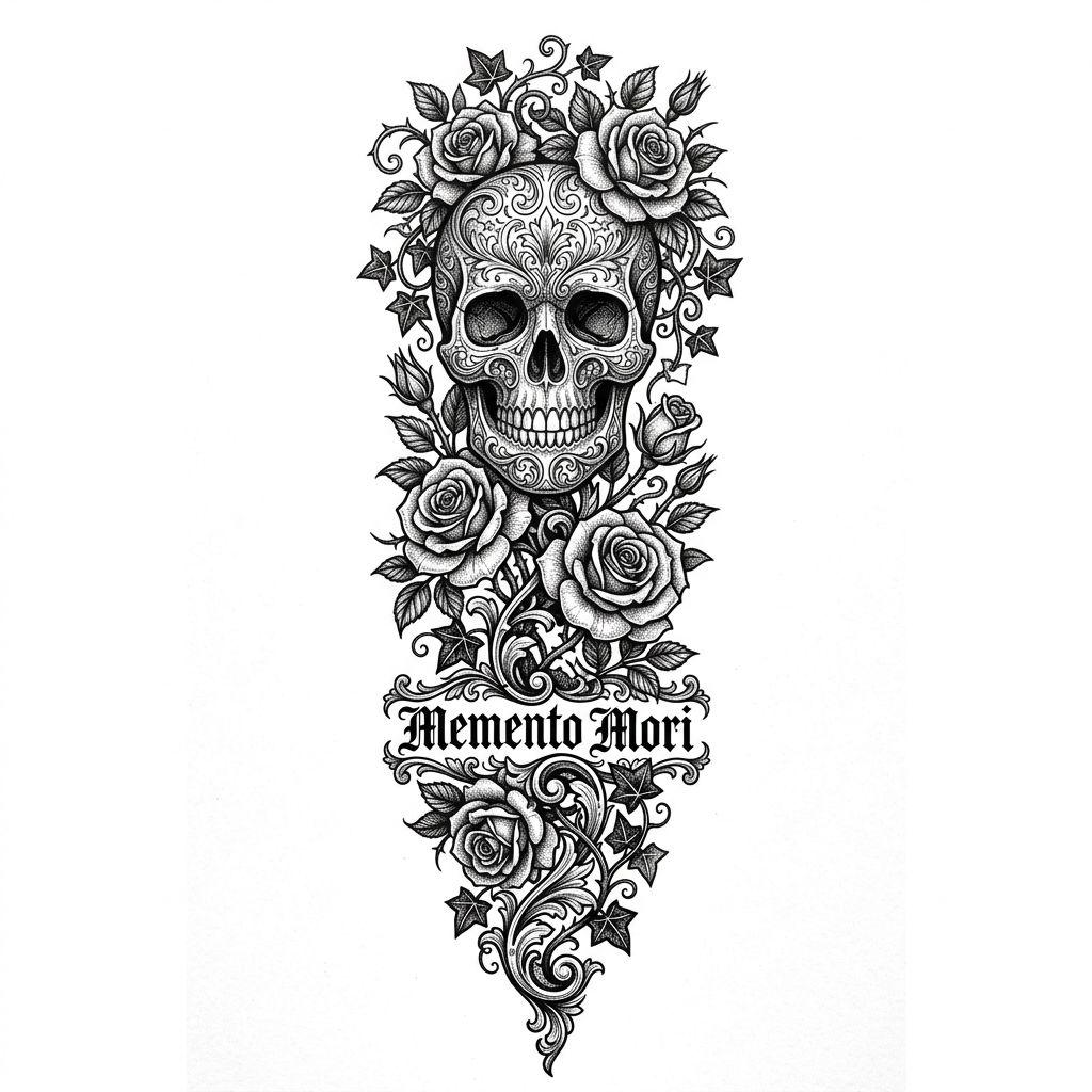 idée tatouage avant-bras crâne et roses, design sur fond blanc
