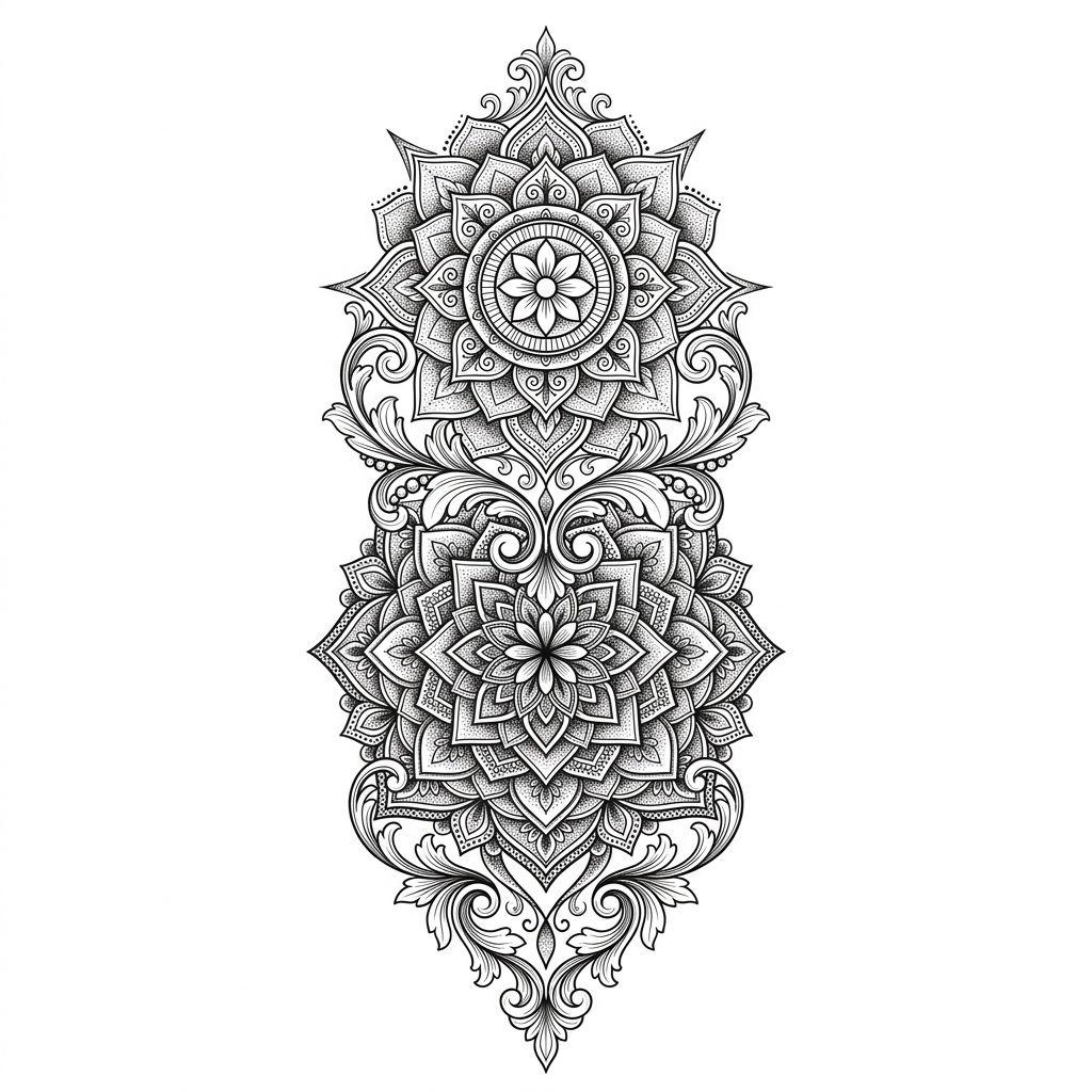 idée tatouage avant-bras mandala forearm vertical, design sur fond blanc
