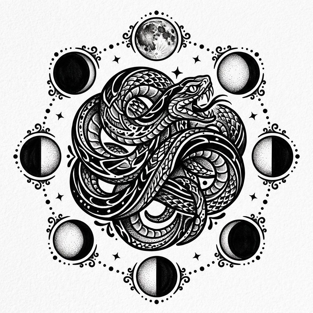 idée tatouage femme serpent blackwork, design sur fond blanc