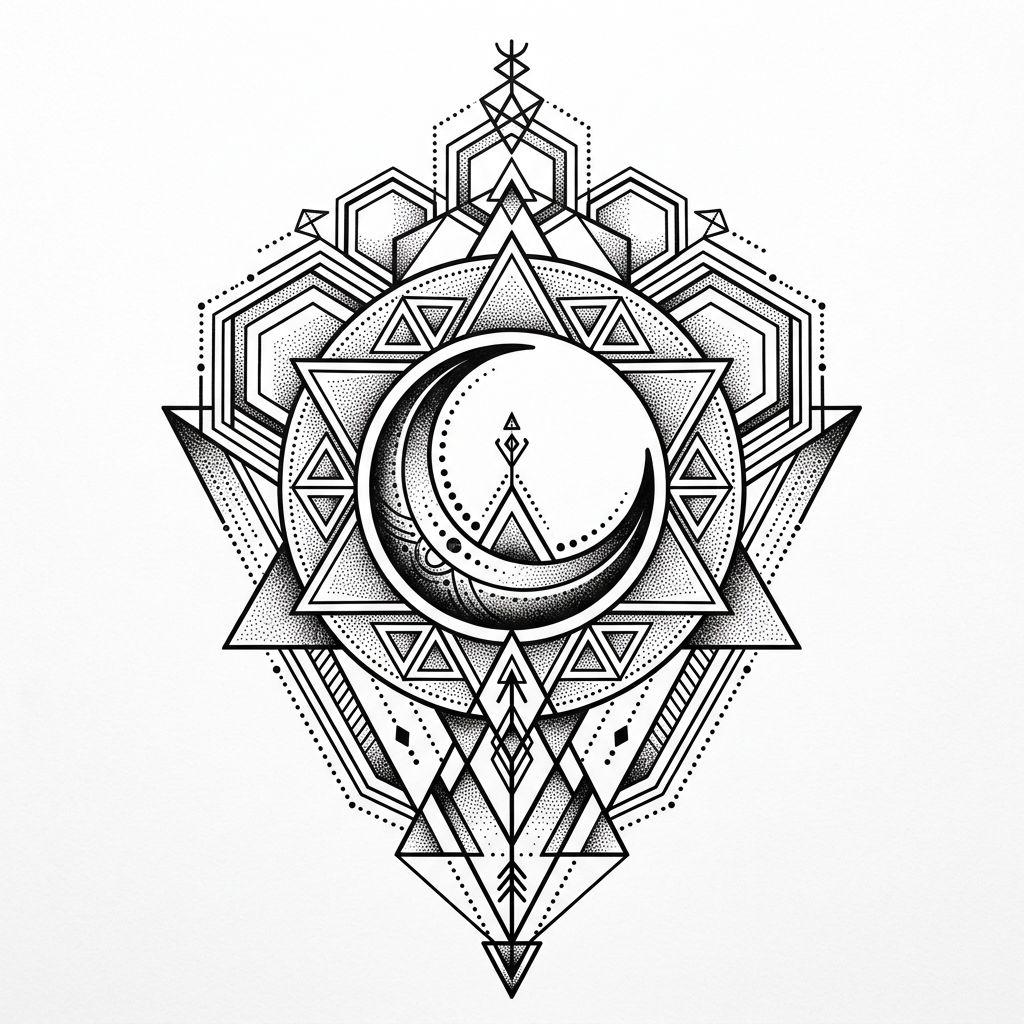 idée tatouage femme lune géométrique, design sur fond blanc