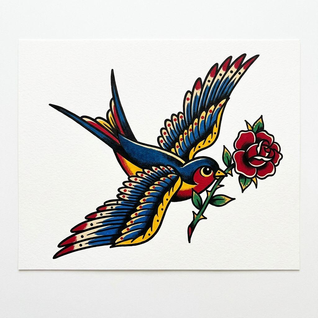idée tatouage femme hirondelle old school, design sur fond blanc