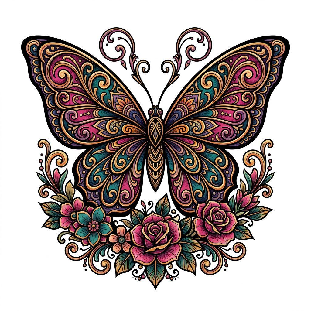 idée tatouage femme papillon néo-traditionnel, design sur fond blanc