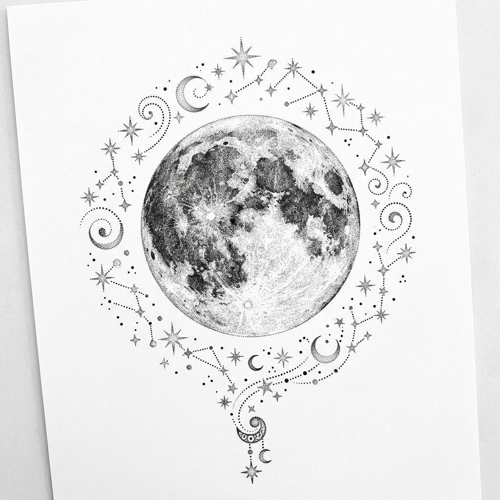 idée tatouage femme lune dotwork, design sur fond blanc