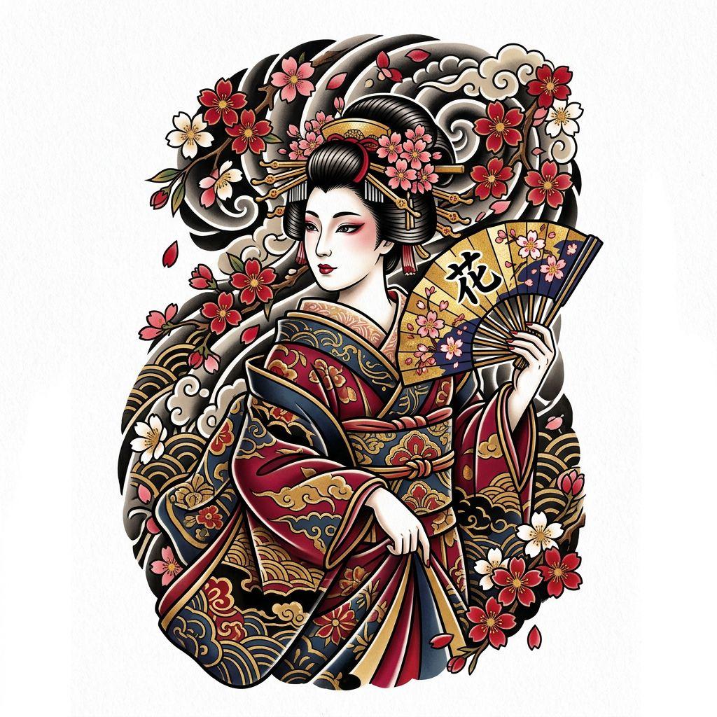 idée tatouage femme geisha japonaise, design sur fond blanc