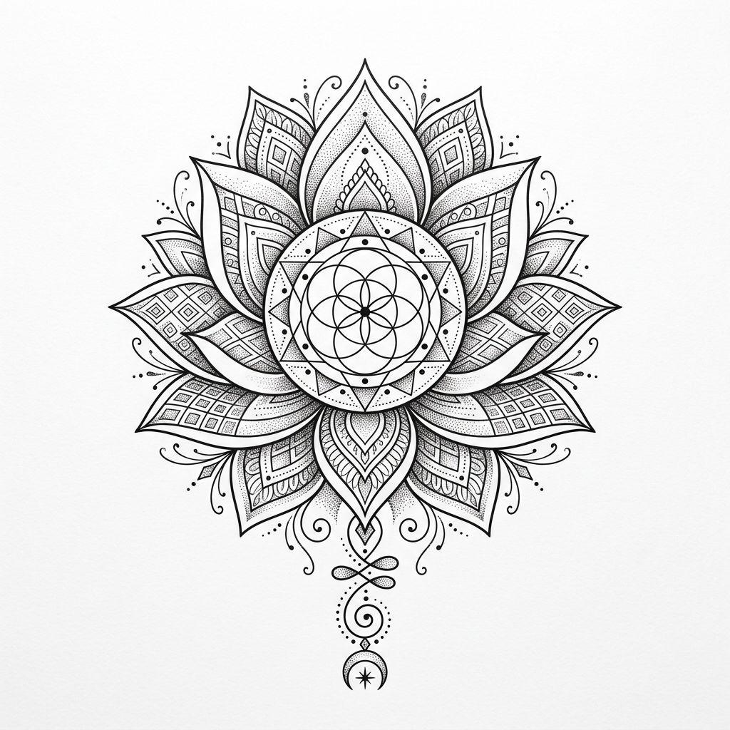 idée tatouage femme mandala spirituel, design sur fond blanc