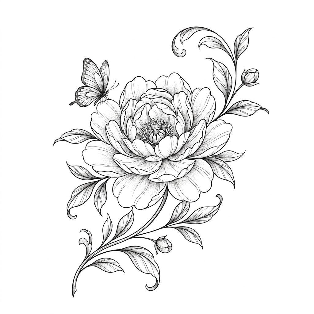 idée tatouage femme pivoine florale, design sur fond blanc