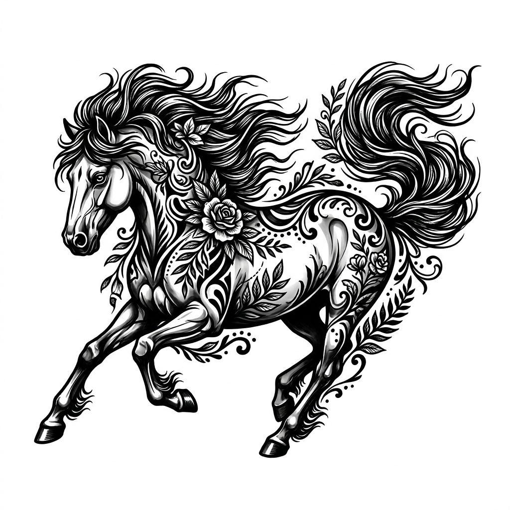 idée tatouage femme cheval sauvage, design sur fond blanc