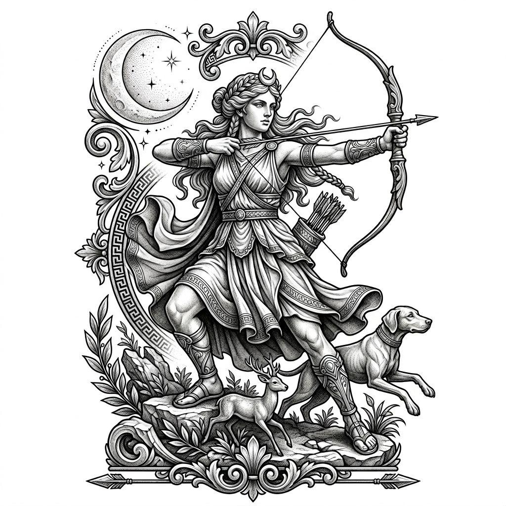 idée tatouage femme artémis mythologique, design sur fond blanc