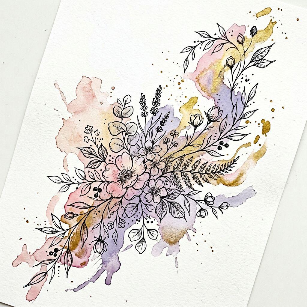 idée tatouage femme aquarelle abstraite, design sur fond blanc