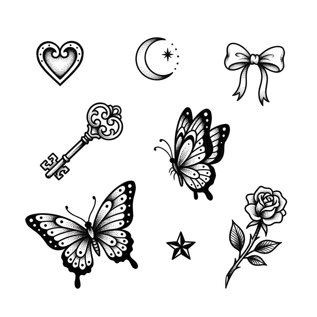 idée tatouage femme patchwork flash féminin, design sur fond blanc
