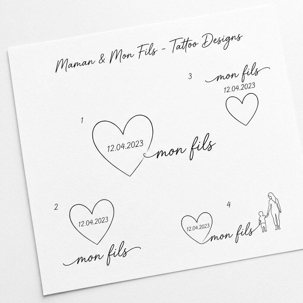 idée tatouage mère et fils date naissance fine line, design sur fond blanc