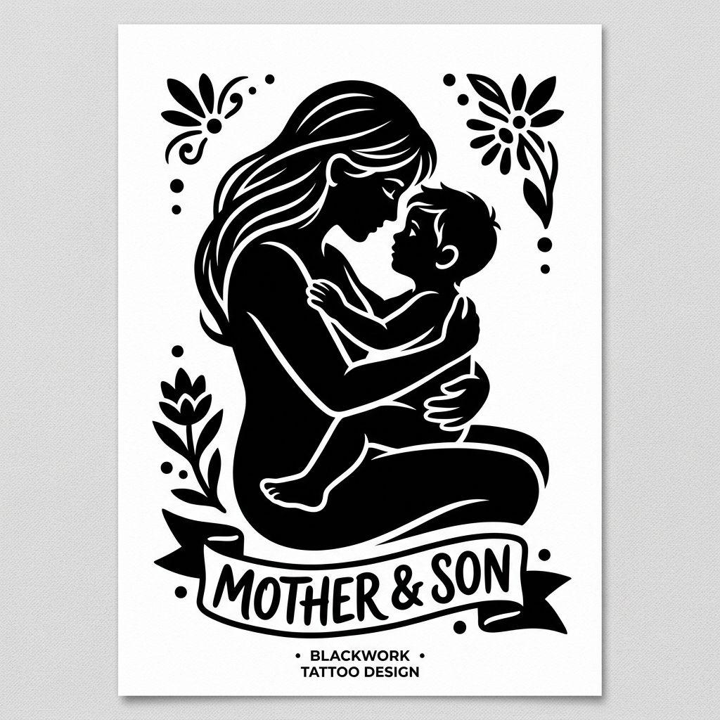 idée tatouage mère et fils mère enfant blackwork, design sur fond blanc