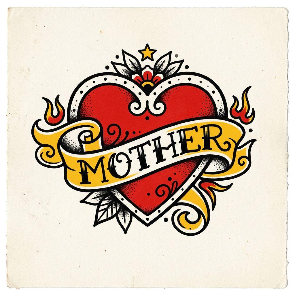 idée tatouage mère et fils cœur old school 'mother', design sur fond blanc