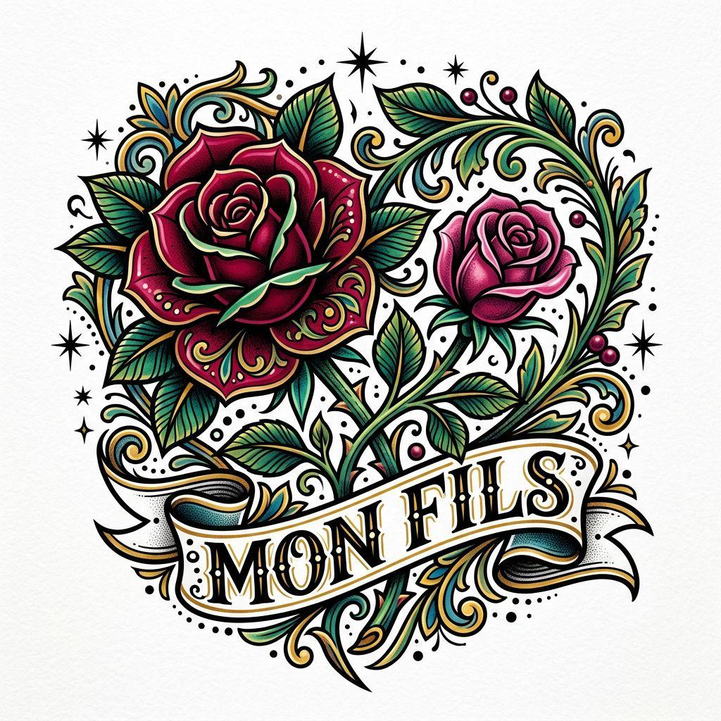 idée tatouage mère et fils roses néo-traditionnelles, design sur fond blanc