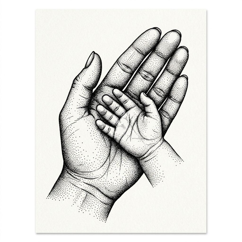 idée tatouage mère et fils empreintes dotwork, design sur fond blanc