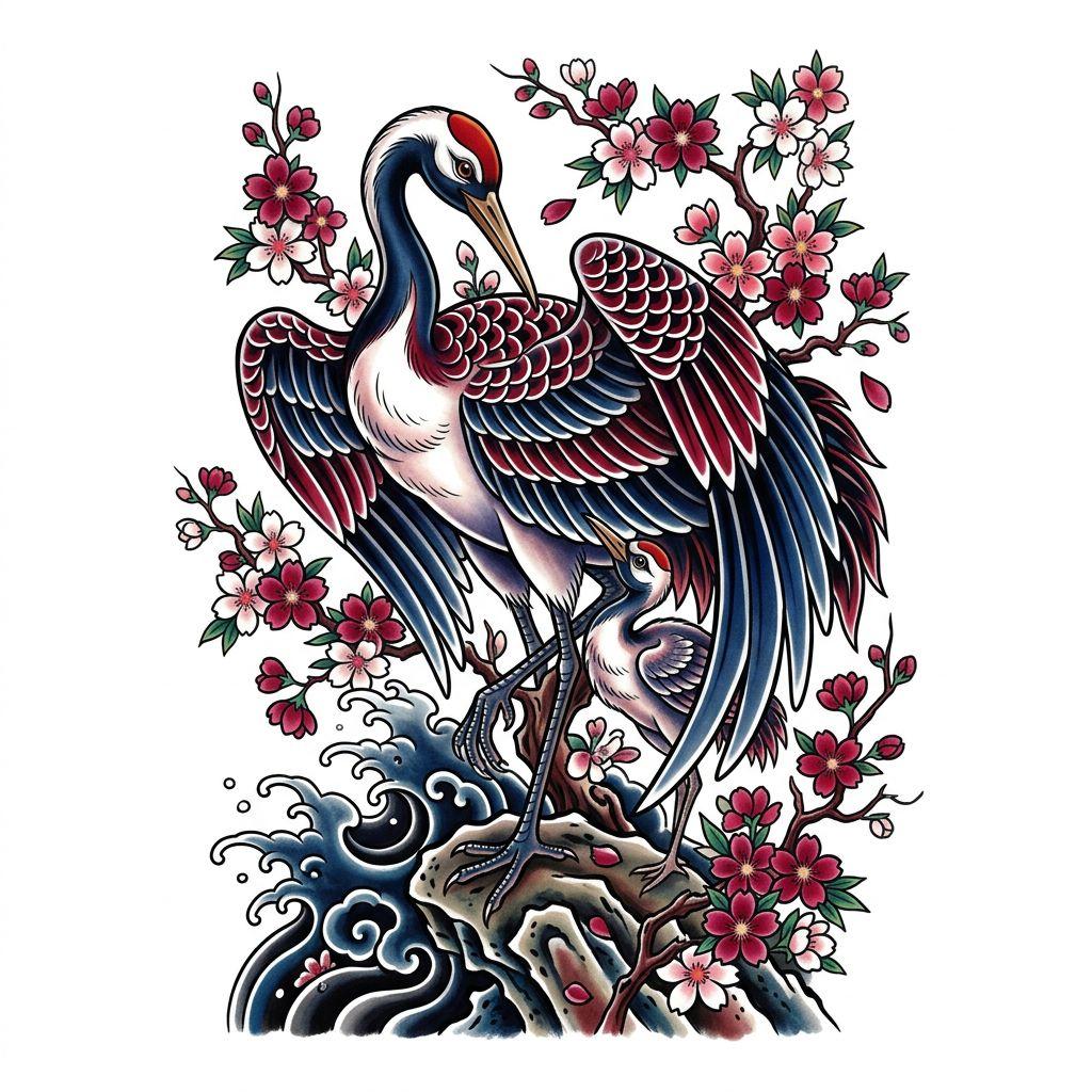 idée tatouage mère et fils grue japonaise mère enfant, design sur fond blanc