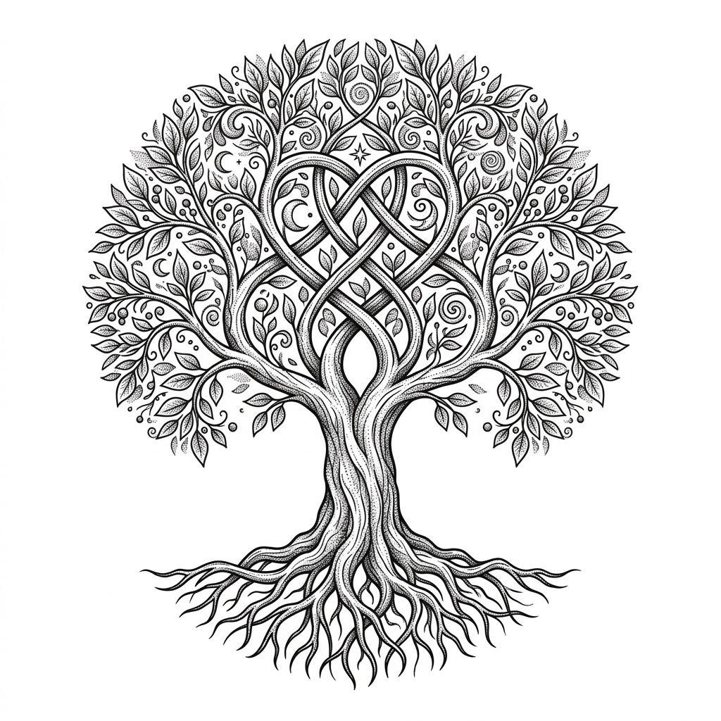 idée tatouage mère et fils arbre de vie spirituel, design sur fond blanc