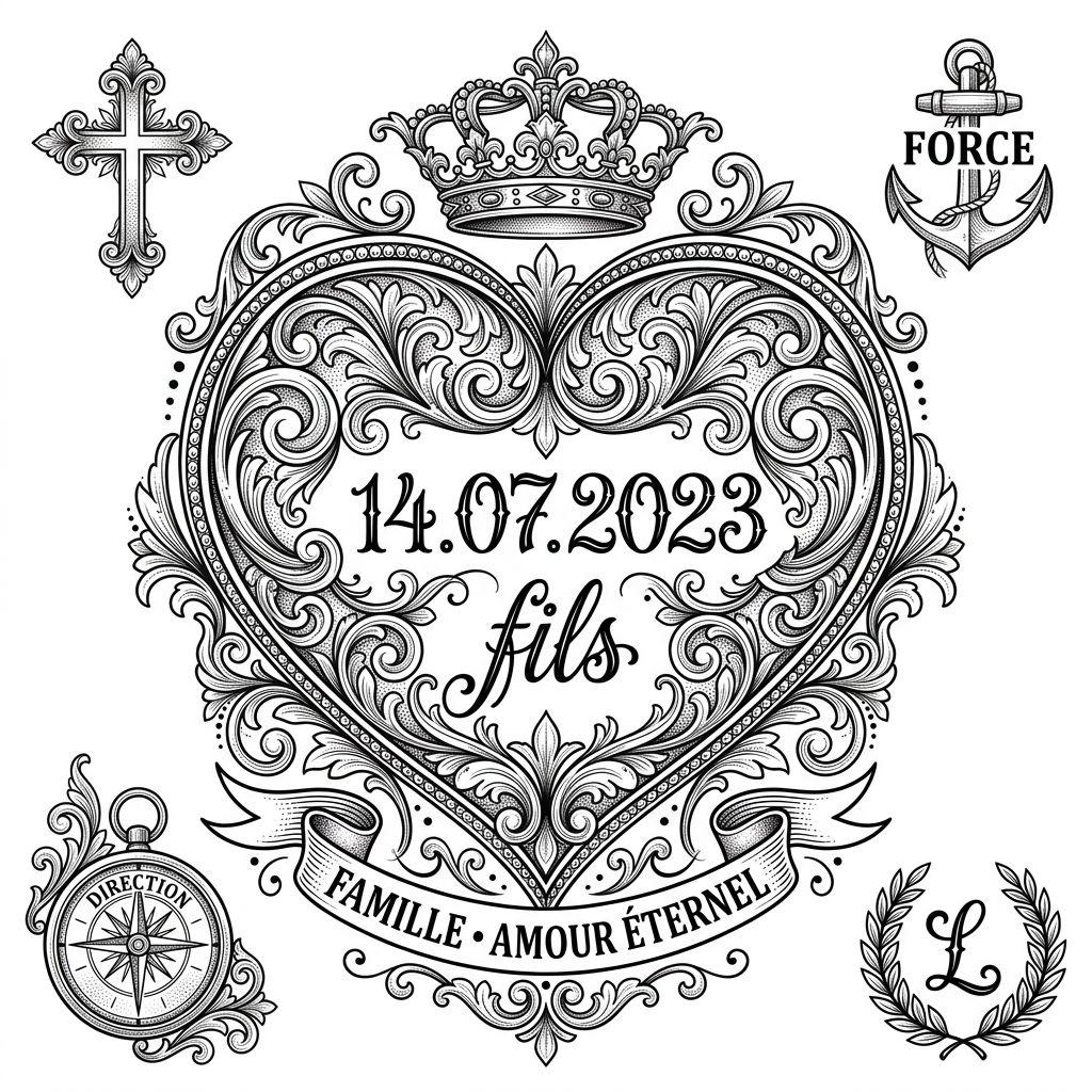idée tatouage mère et fils cœur ornemental 'fils', design sur fond blanc