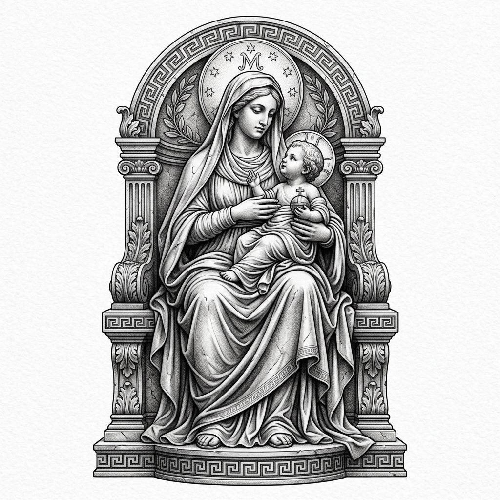 idée tatouage mère et fils vierge à l'enfant, design sur fond blanc