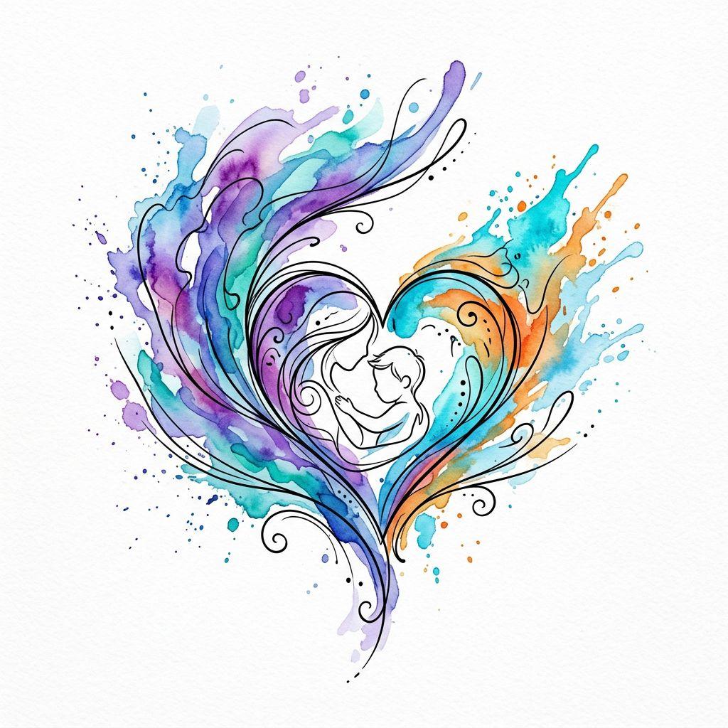 idée tatouage mère et fils aquarelle mère enfant, design sur fond blanc