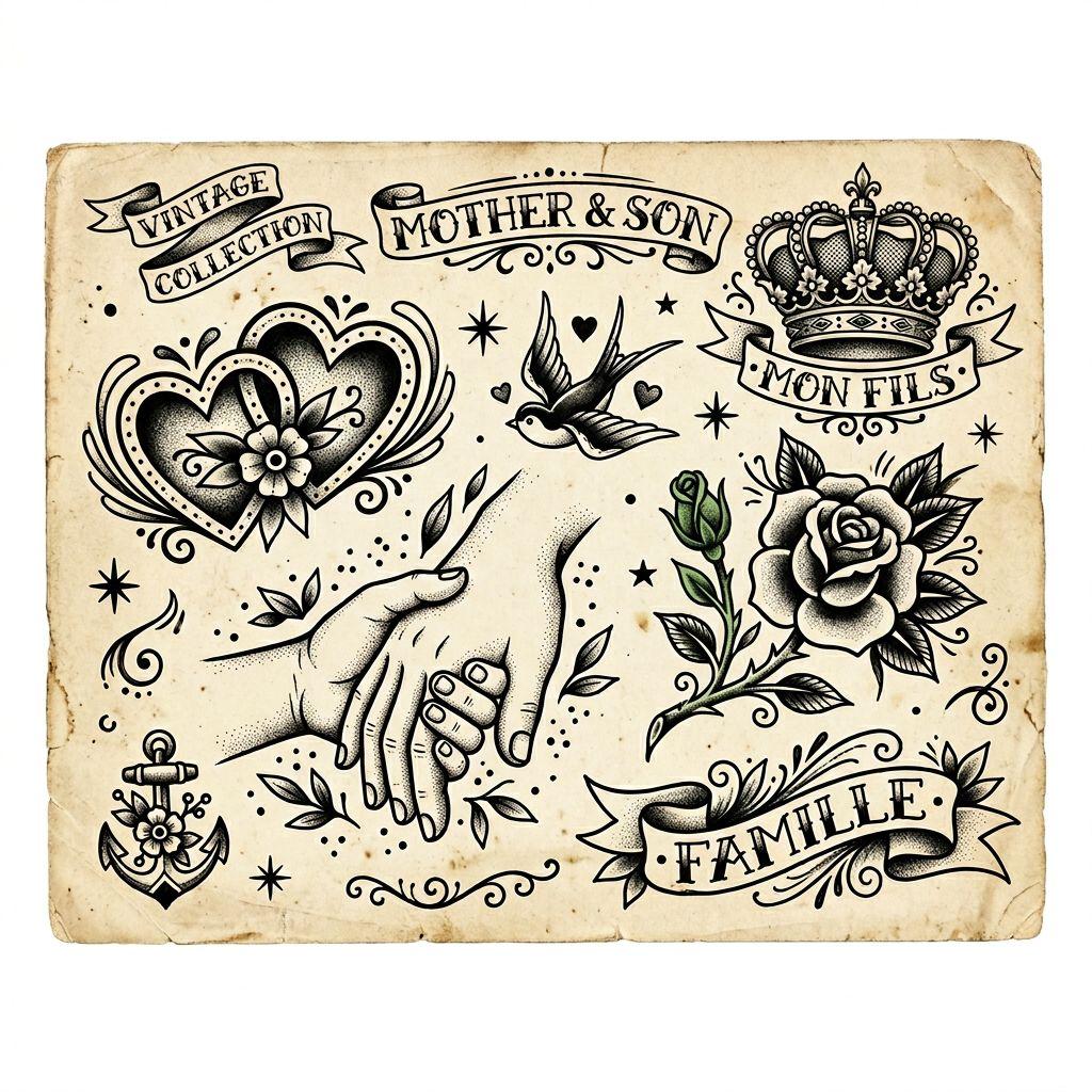 idée tatouage mère et fils patchwork famille flash, design sur fond blanc