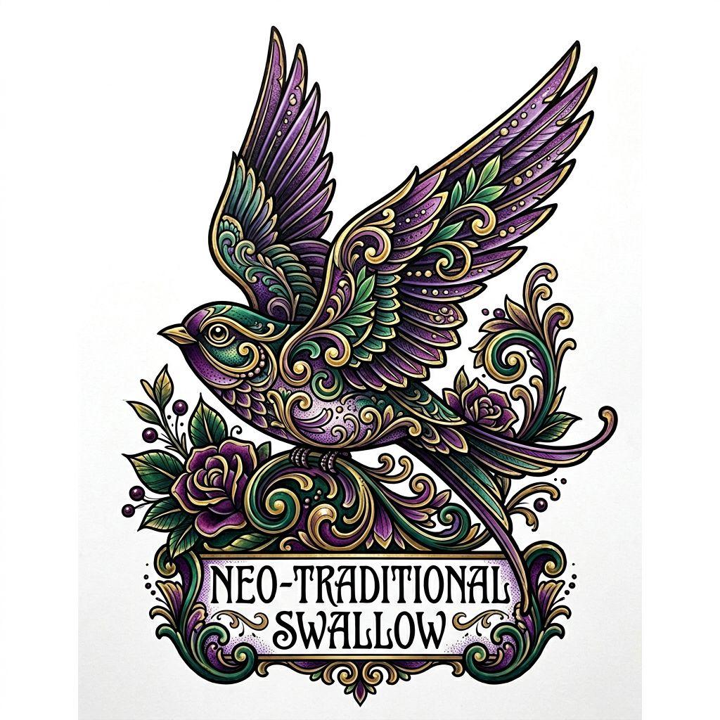idée tatouage pied hirondelle néo-traditionnelle, design sur fond blanc