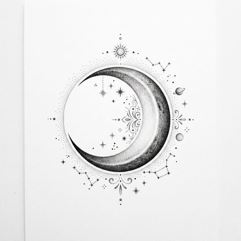 idée tatouage pied lune dotwork, design sur fond blanc
