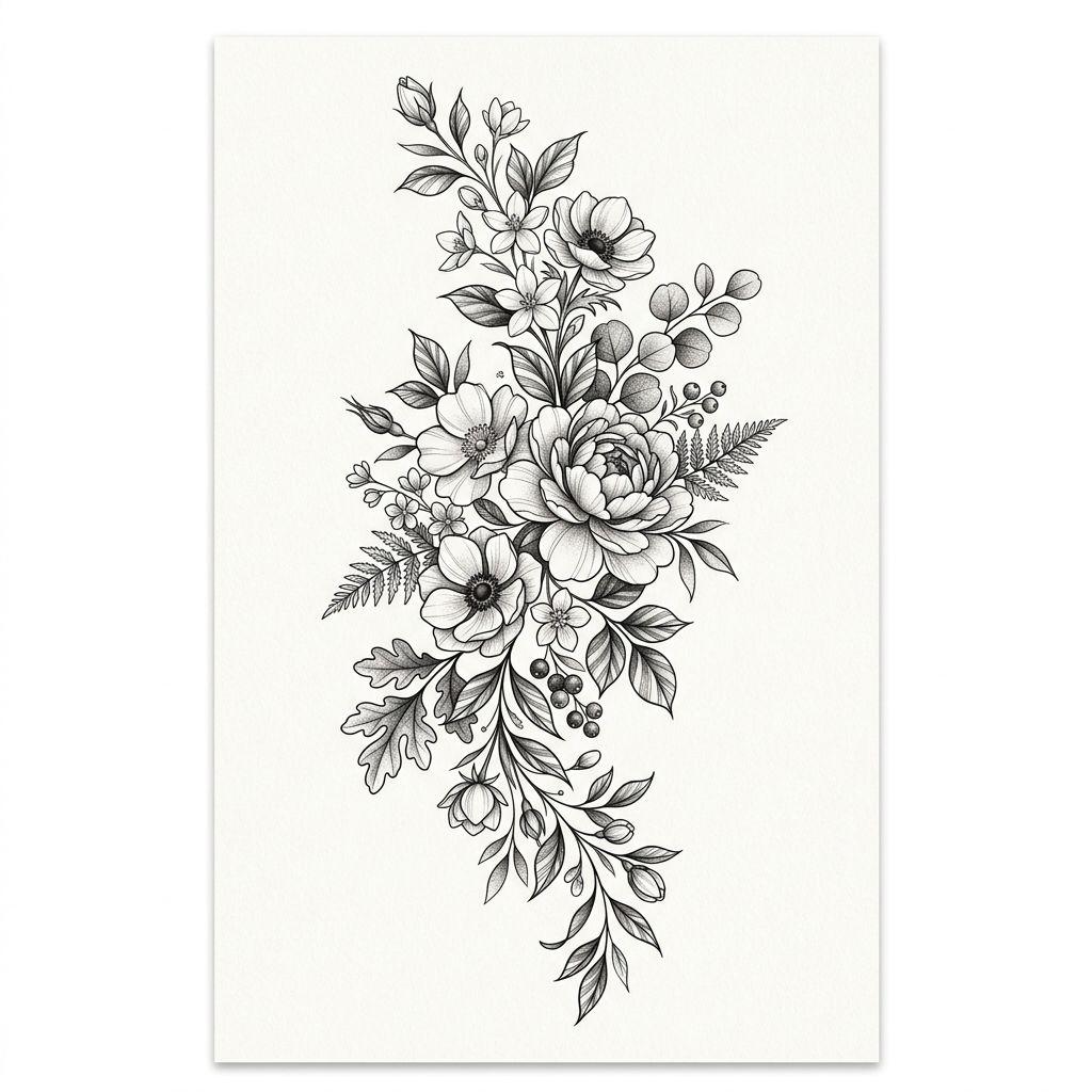 idée tatouage pied composition florale premium, design sur fond blanc