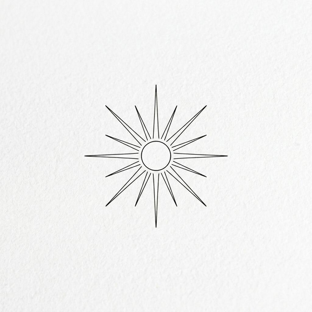 idée tatouage soleil soleil rayonnant minimaliste, design sur fond blanc