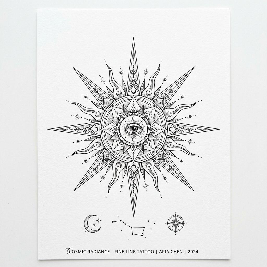 idée tatouage soleil soleil fine line ornemental, design sur fond blanc