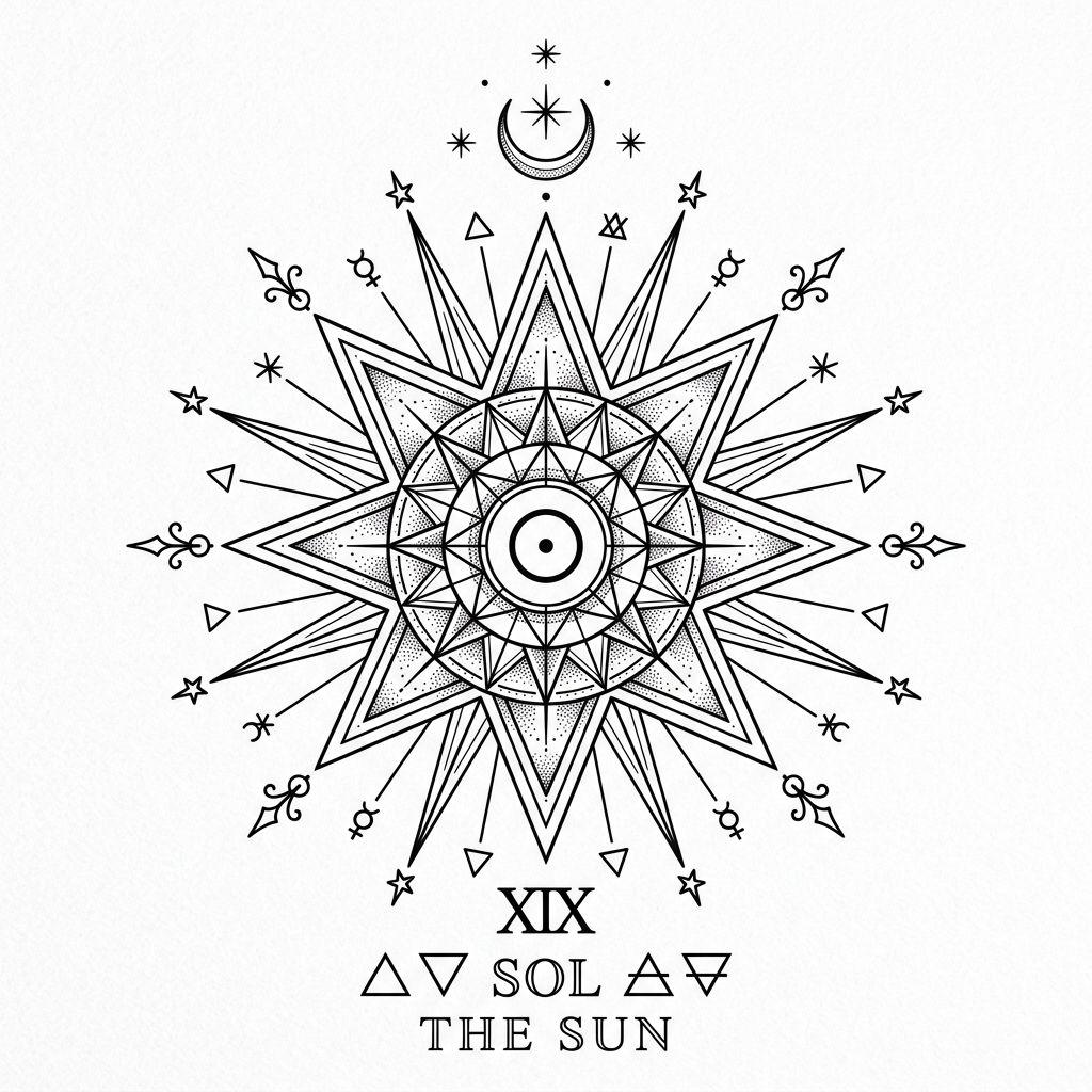 idée tatouage soleil soleil geometrique sacre, design sur fond blanc