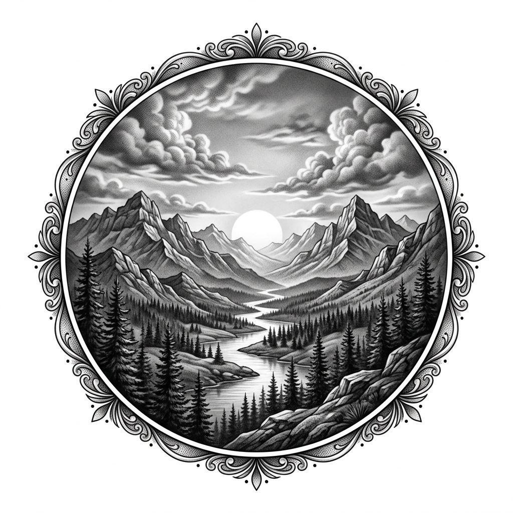 idée tatouage soleil soleil realiste paysage, design sur fond blanc