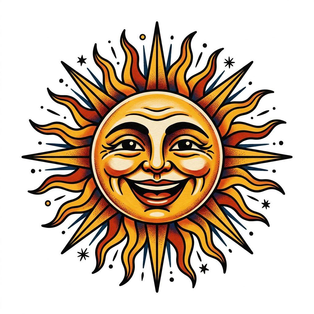 idée tatouage soleil soleil old school visage, design sur fond blanc