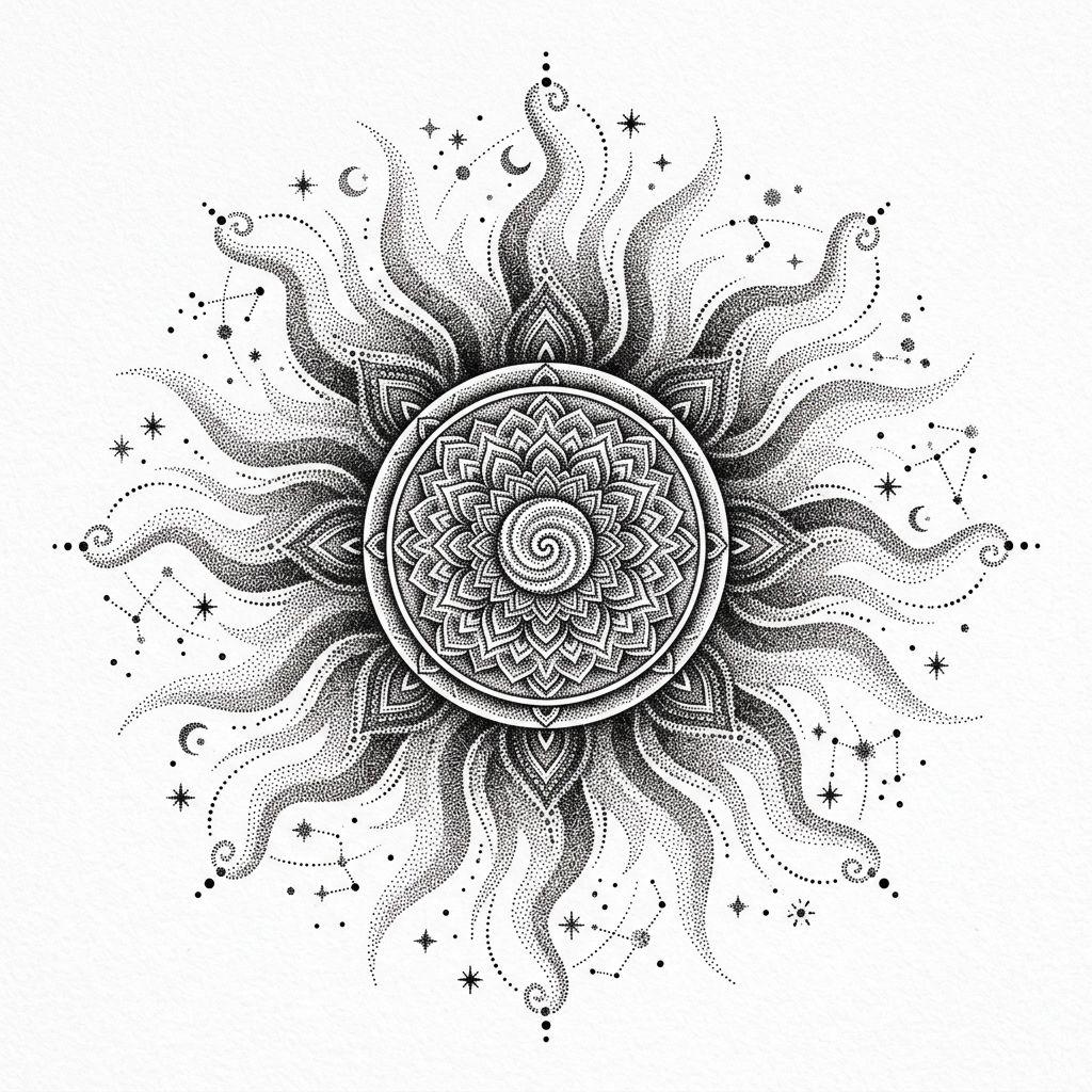 idée tatouage soleil soleil dotwork rayonnant, design sur fond blanc
