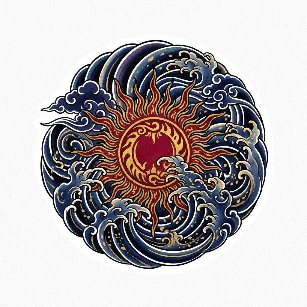 idée tatouage soleil soleil japonais amaterasu, design sur fond blanc