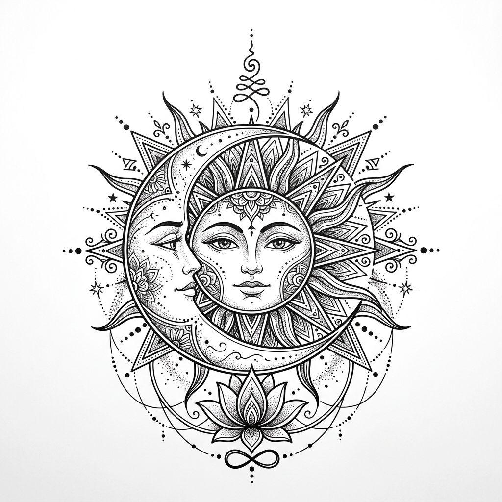 idée tatouage soleil soleil et lune spirituel, design sur fond blanc