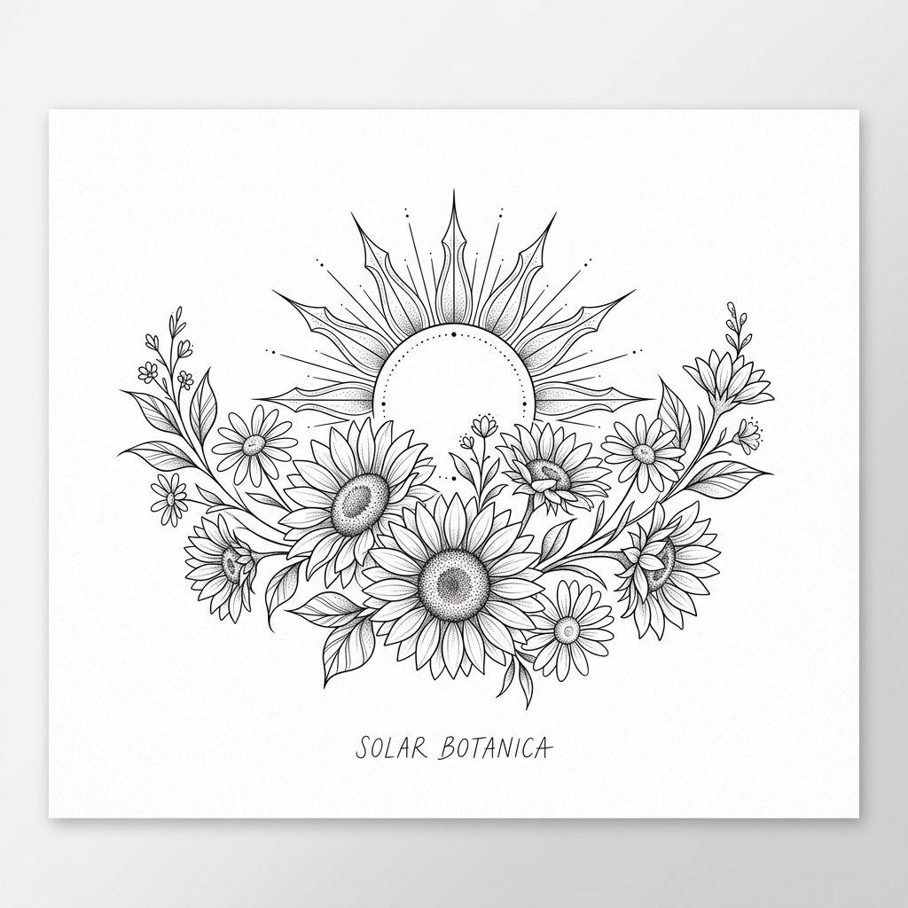 idée tatouage soleil soleil floral entrelace, design sur fond blanc