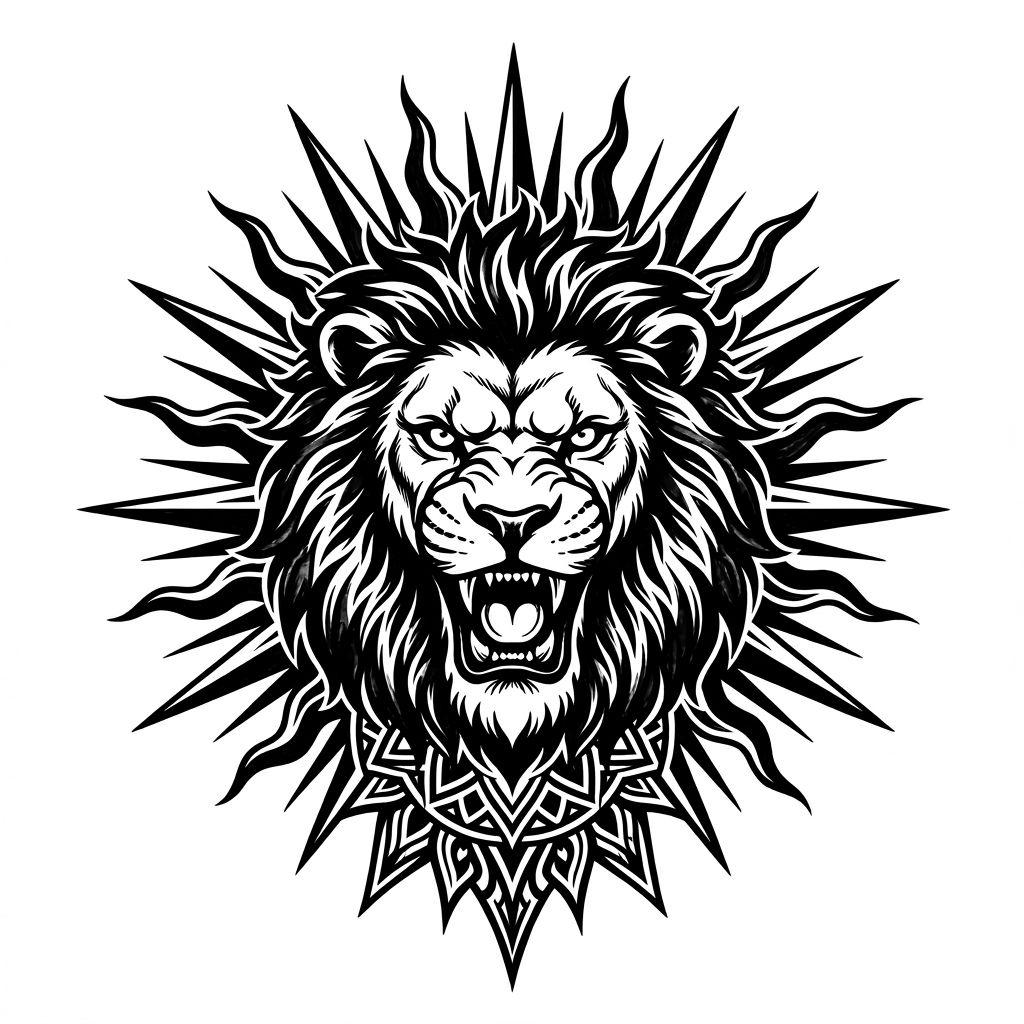 idée tatouage soleil lion solaire blackwork, design sur fond blanc