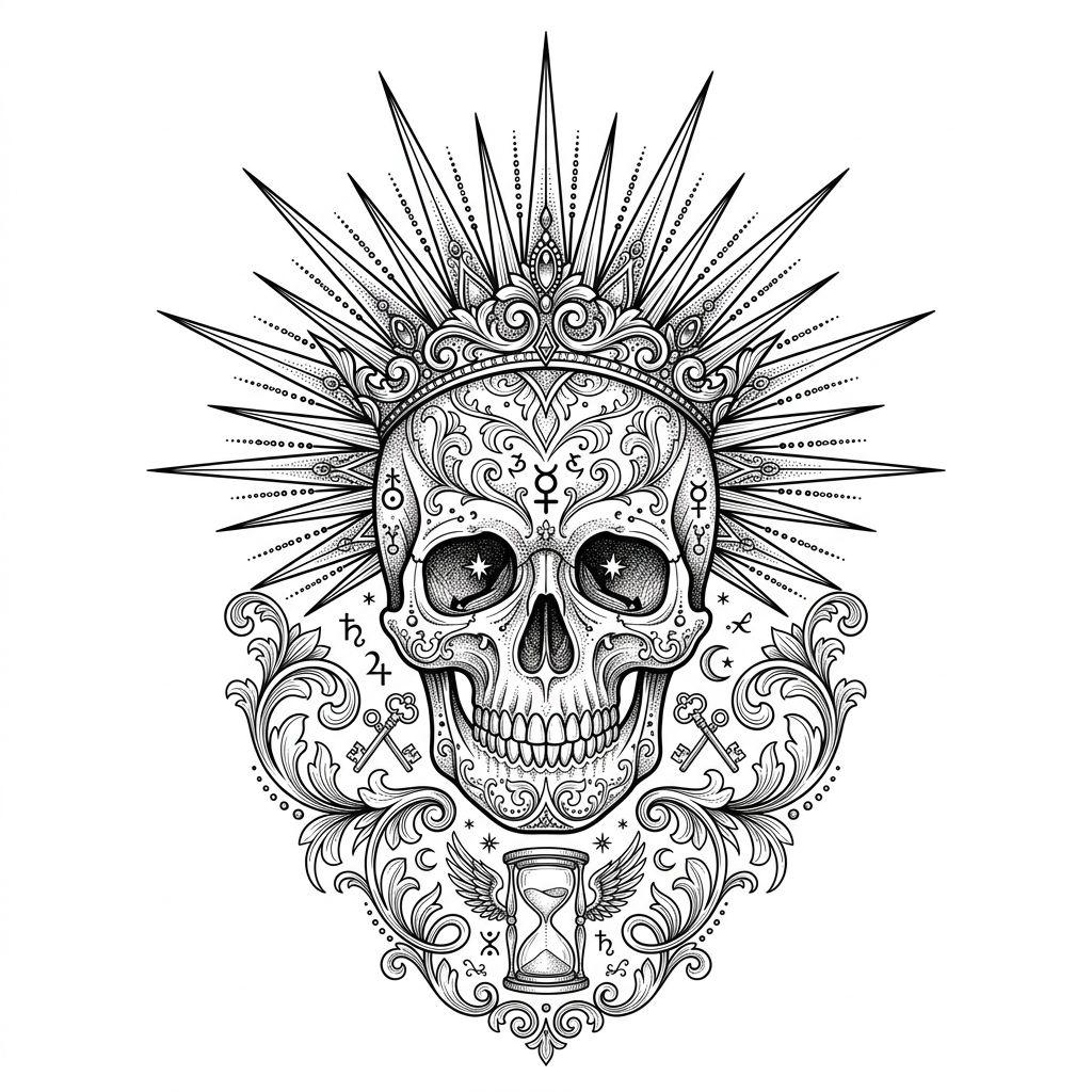 idée tatouage soleil crane solaire ornemental, design sur fond blanc