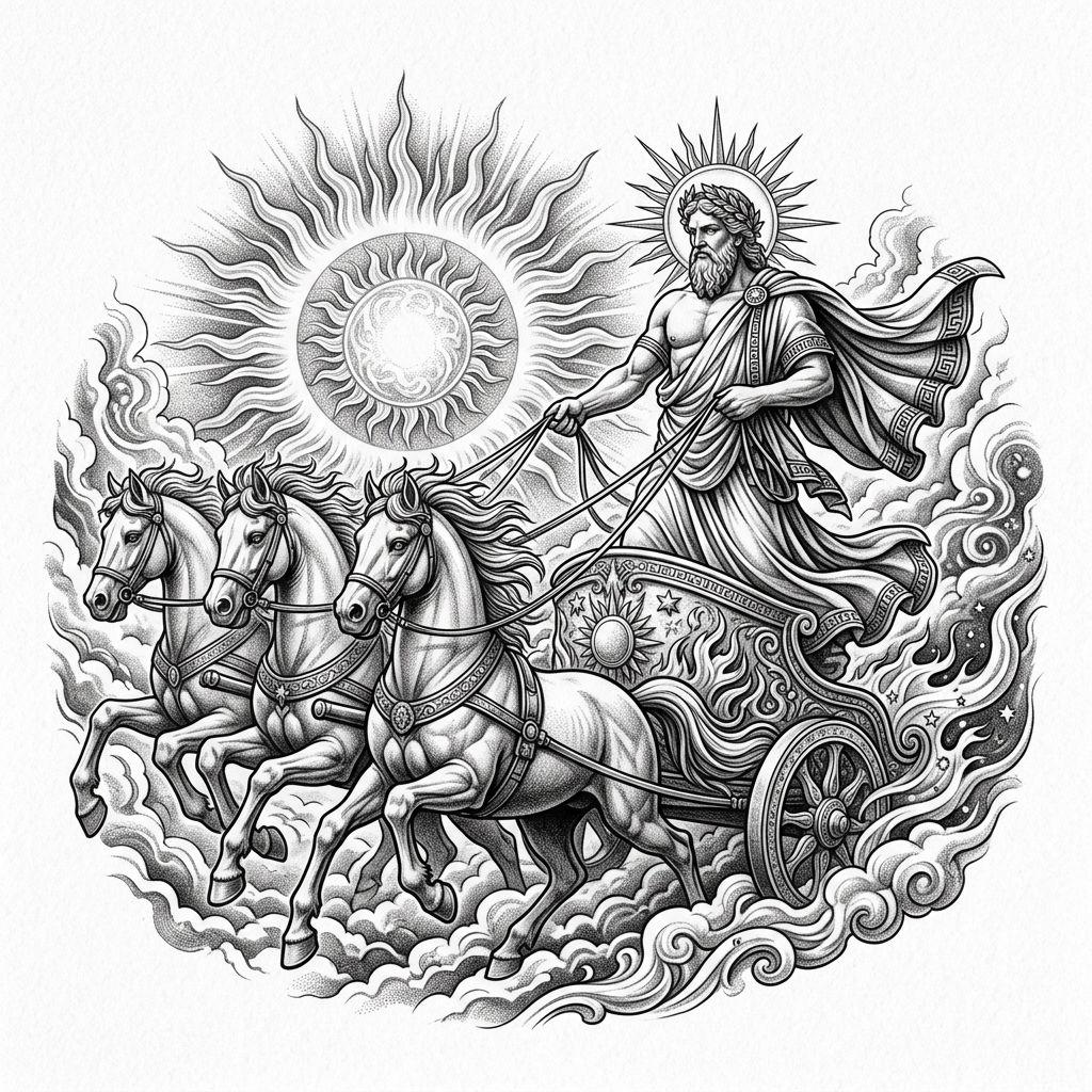 idée tatouage soleil helios mythologique, design sur fond blanc