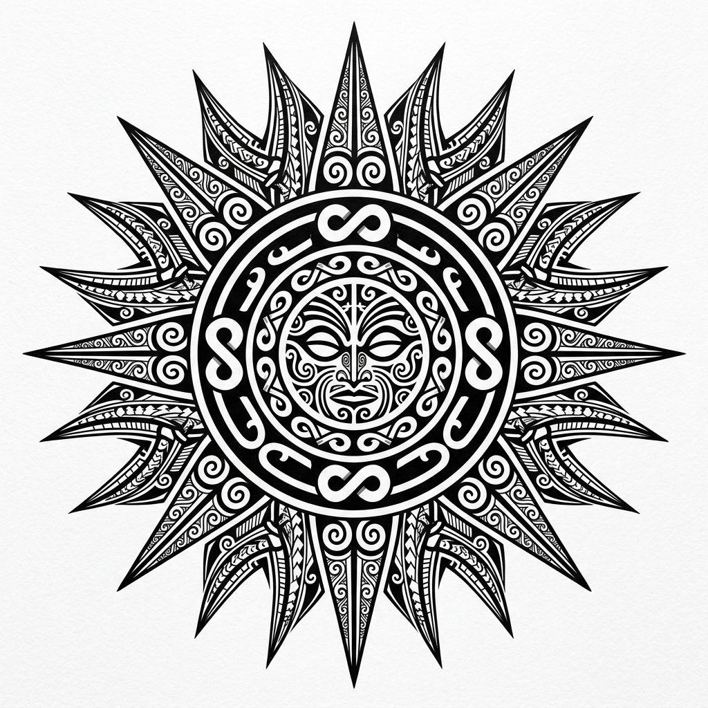 idée tatouage soleil soleil tribal polynesien, design sur fond blanc