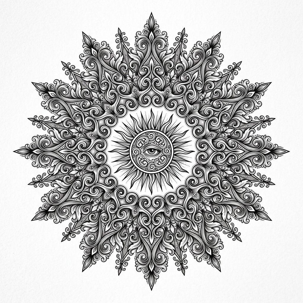 idée tatouage soleil mandala solaire ornemental, design sur fond blanc