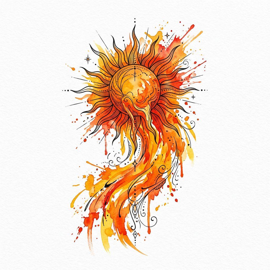 idée tatouage soleil soleil aquarelle vibrant, design sur fond blanc