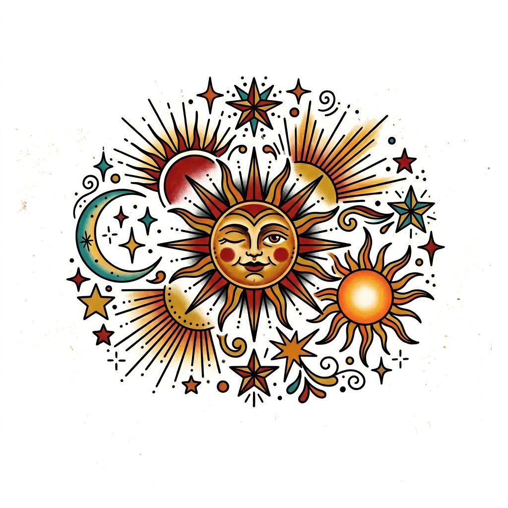 idée tatouage soleil patchwork solaire vintage, design sur fond blanc