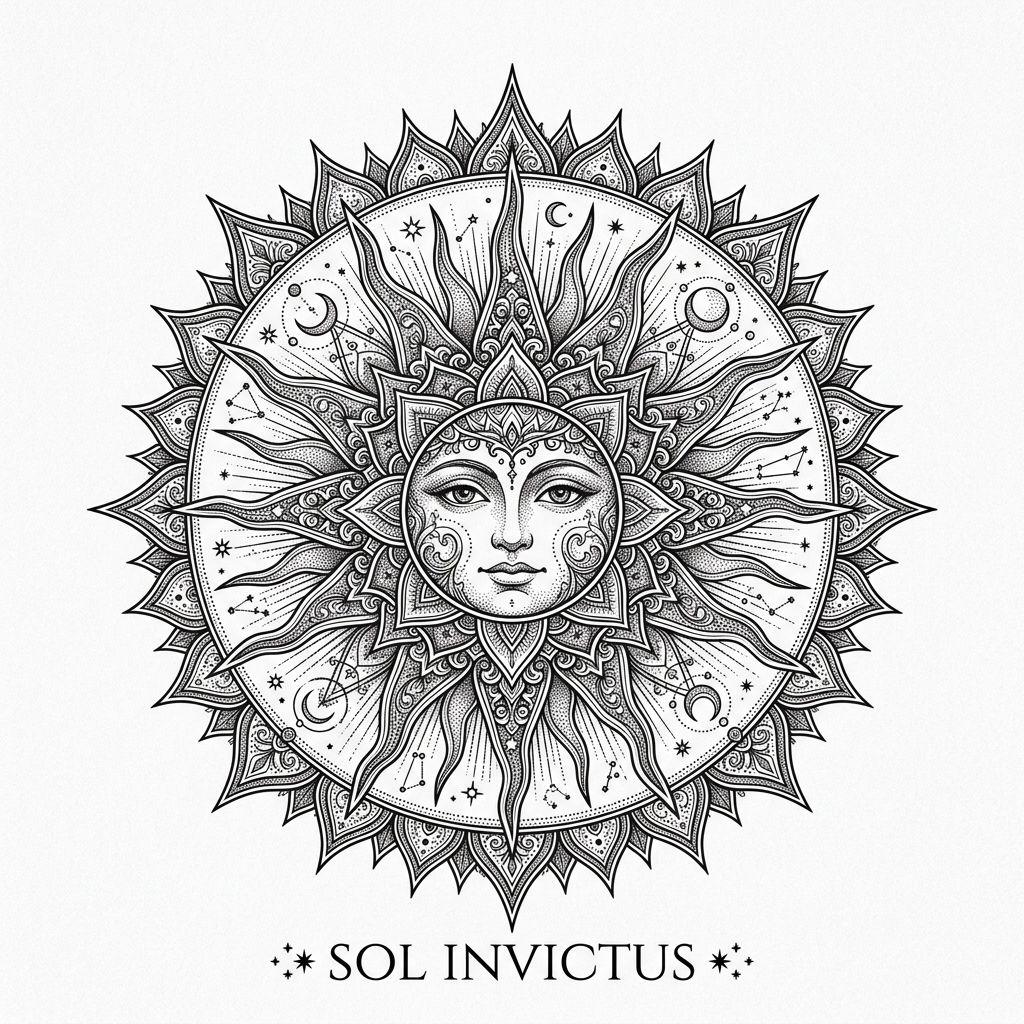 idée tatouage soleil sol invictus premium, design sur fond blanc